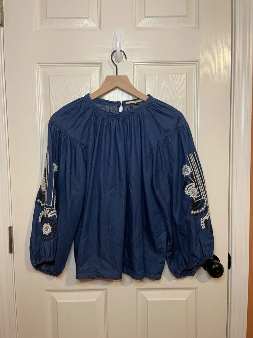 Ne Quittezpas by Anthropologie Genissat Peasant Top in Dark Denim Size Small